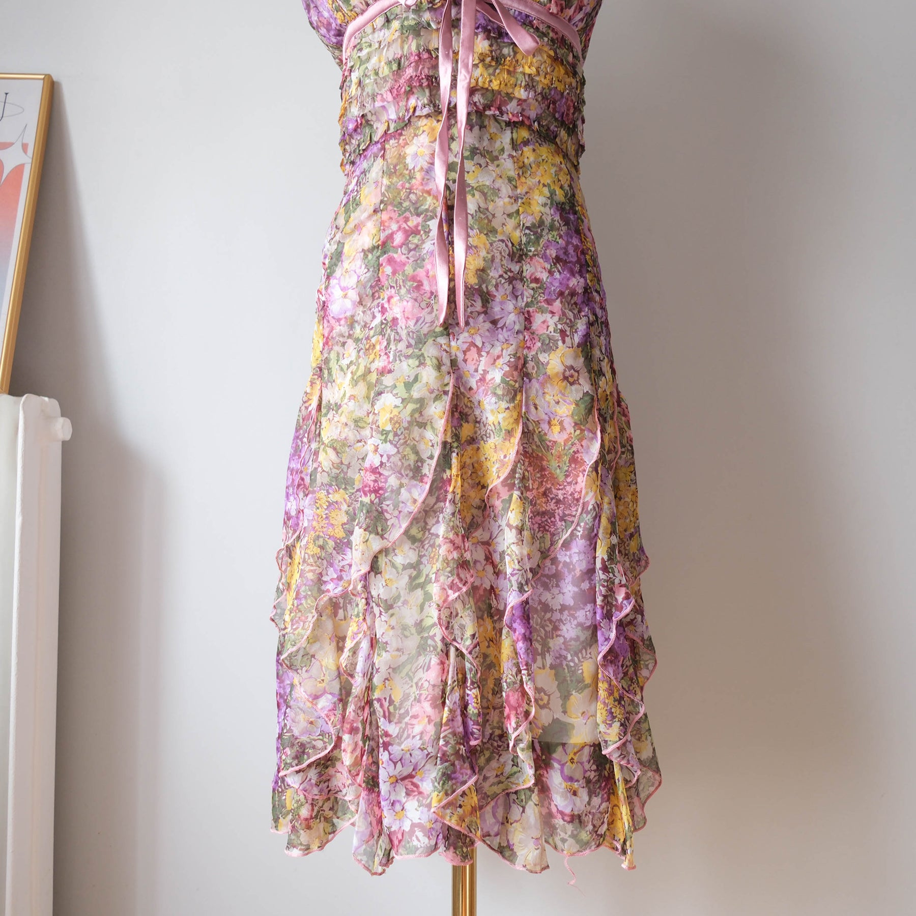 Vintage Romantic Cottage Halter Ruffled Floral Dress