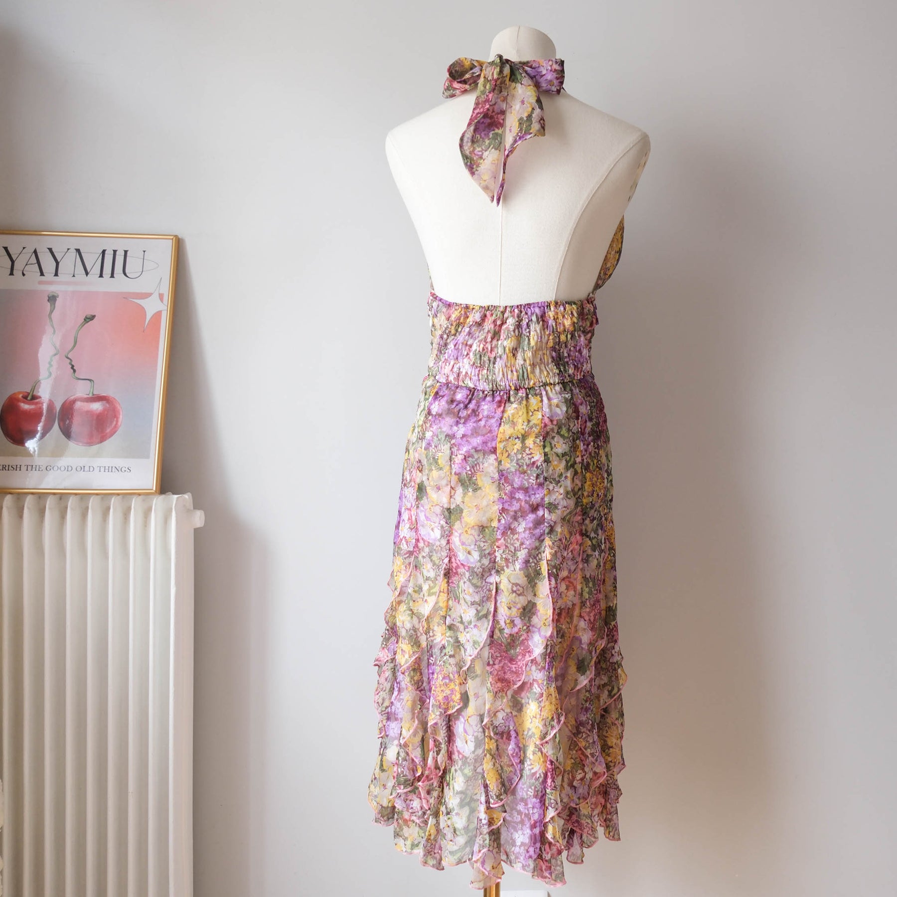 Vintage Romantic Cottage Halter Ruffled Floral Dress