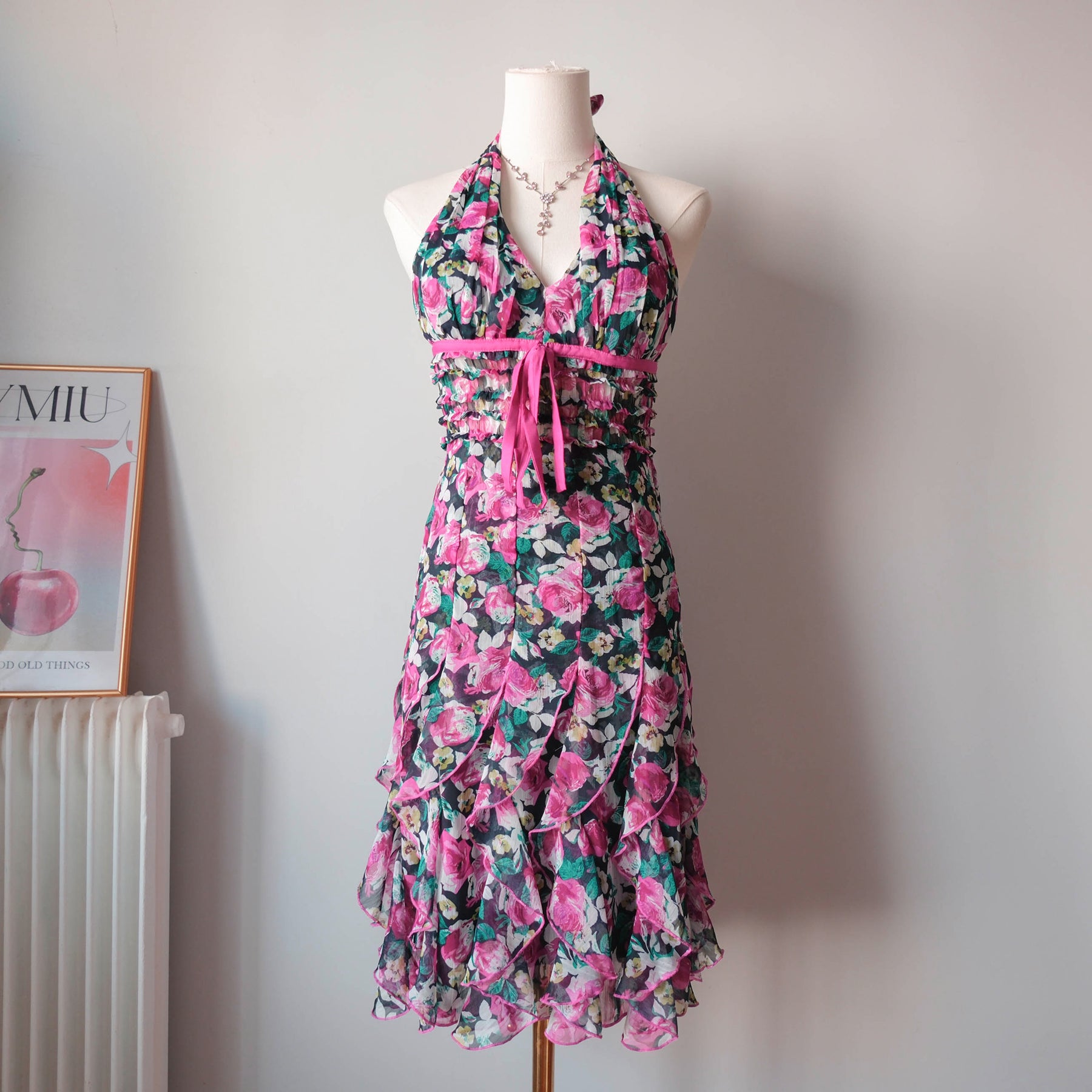 Vintage Romantic Halter Ruffled Floral Dress