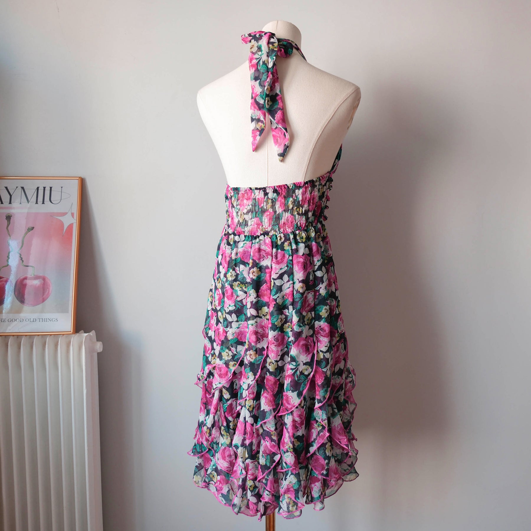 Vintage Romantic Halter Ruffled Floral Dress
