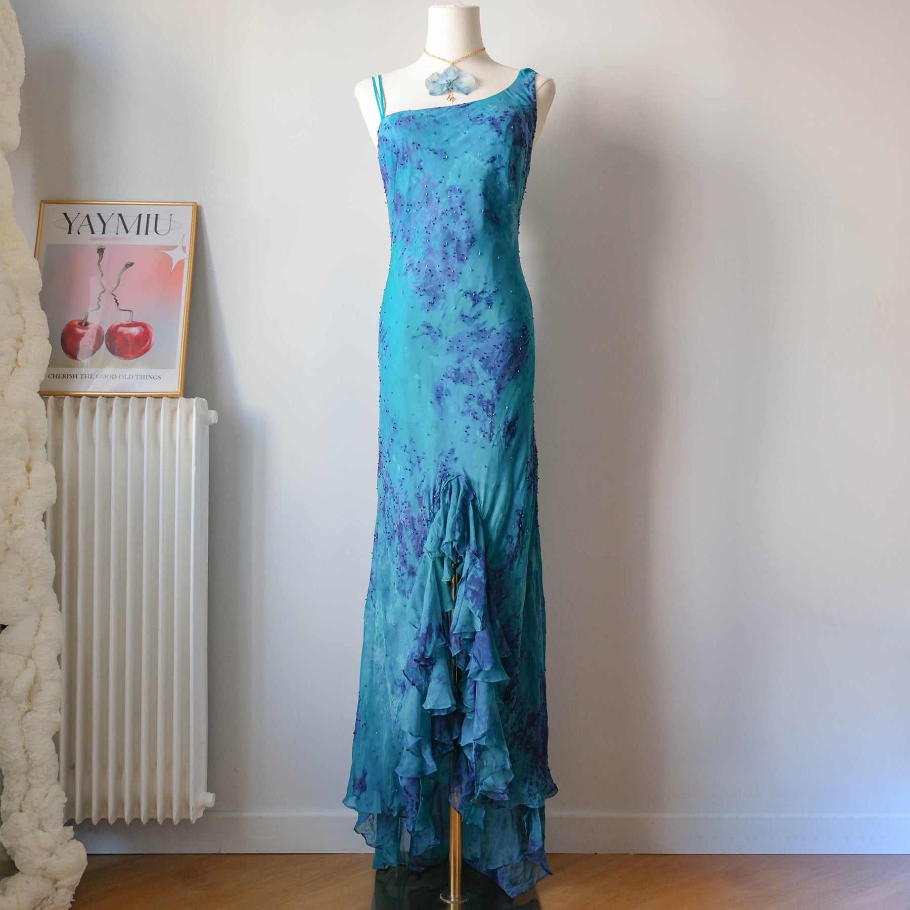 Vintage Elegant Beaded Ruffle Maxi Dress