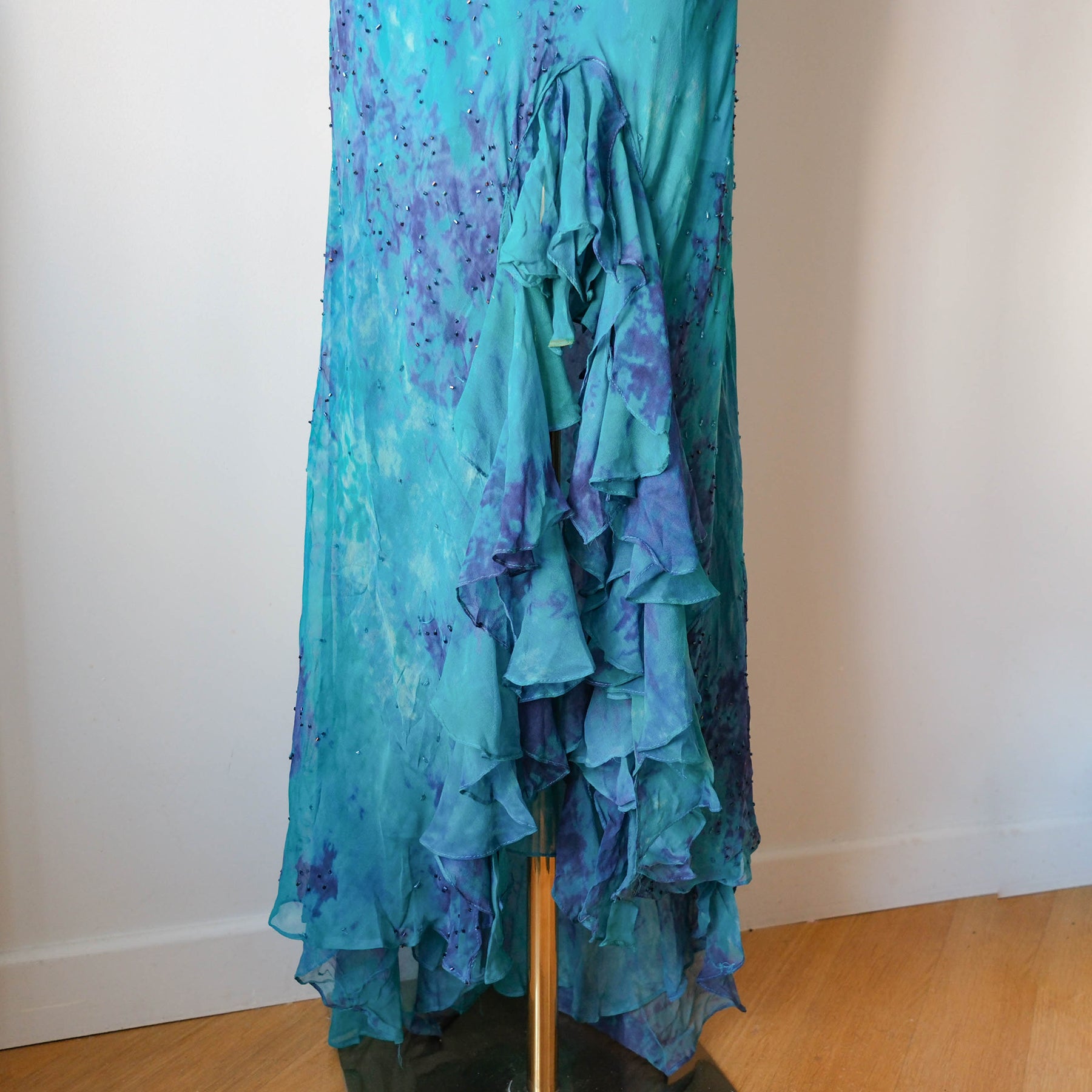 Vintage Elegant Beaded Ruffle Maxi Dress