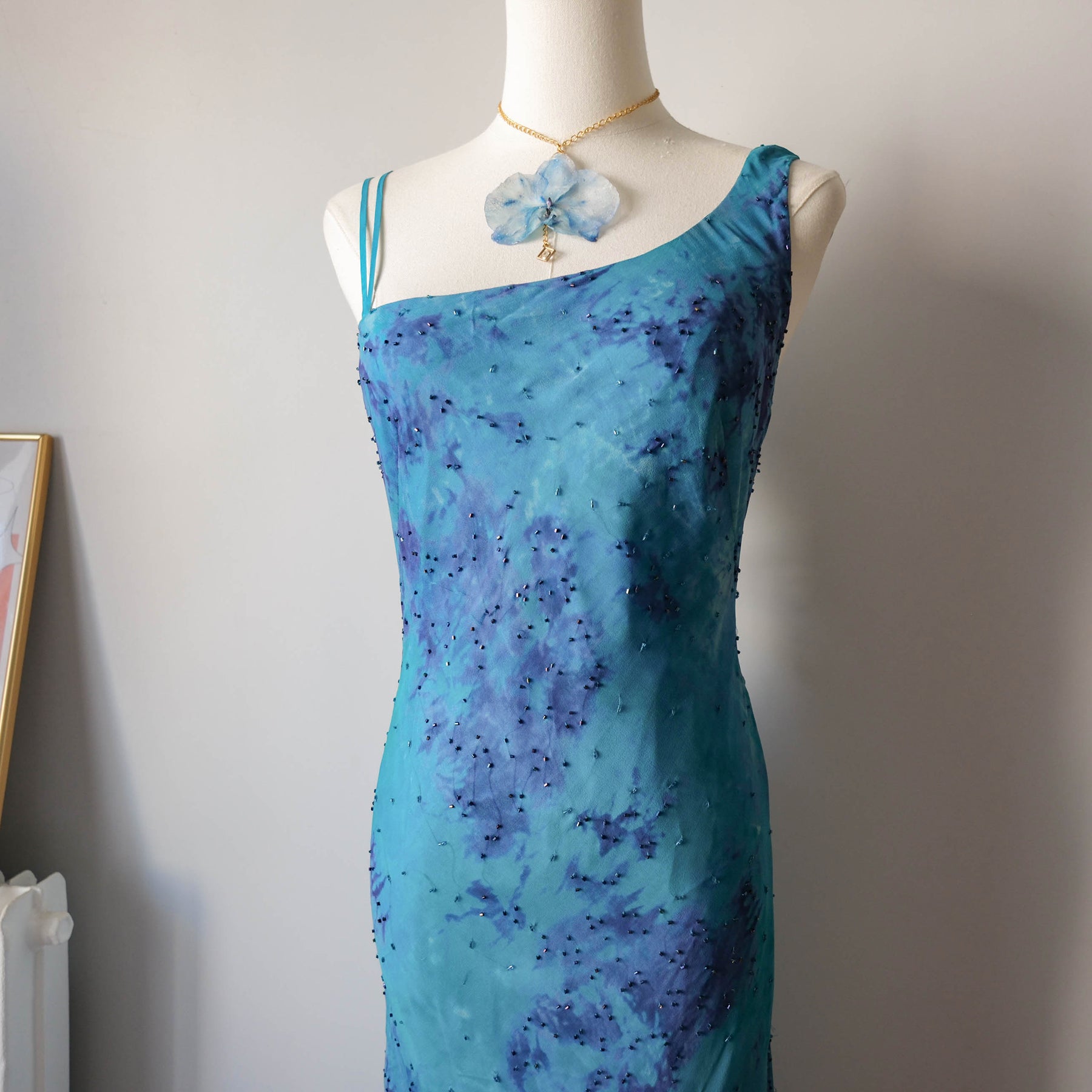 Vintage Elegant Beaded Ruffle Maxi Dress
