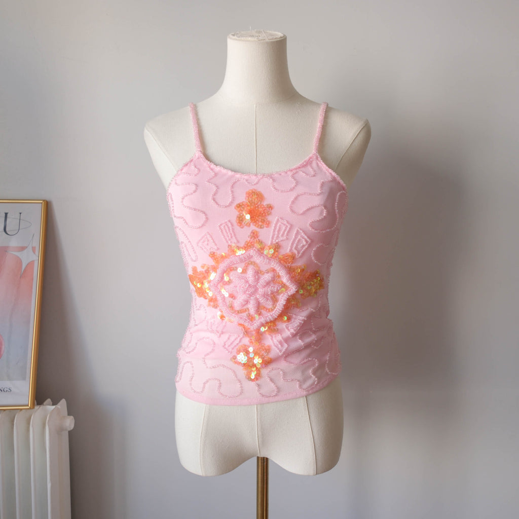 Vintage Beaded Pink Tulle Cami Top