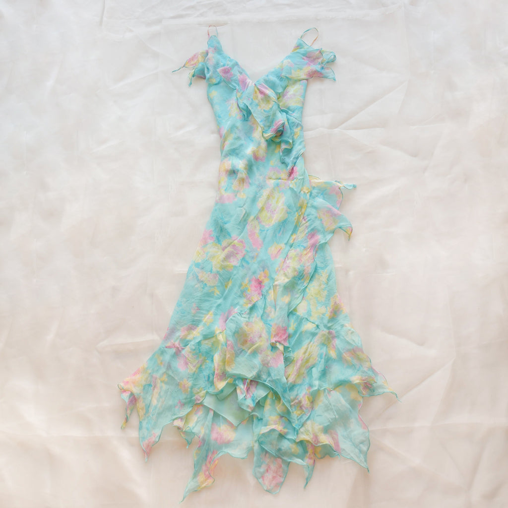 Vintage Floral Asymmetrical Silk Dress