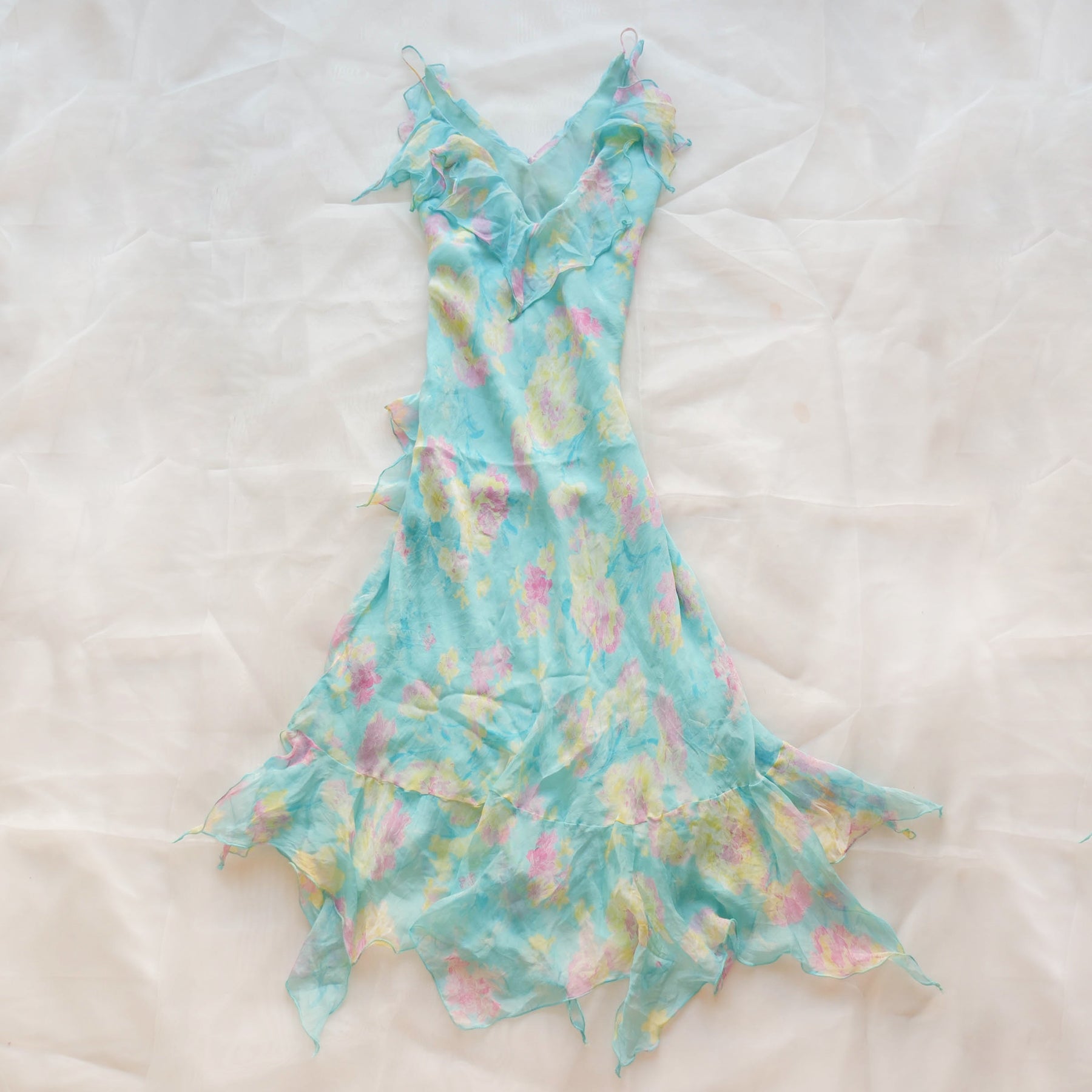 Vintage Floral Asymmetrical Silk Dress