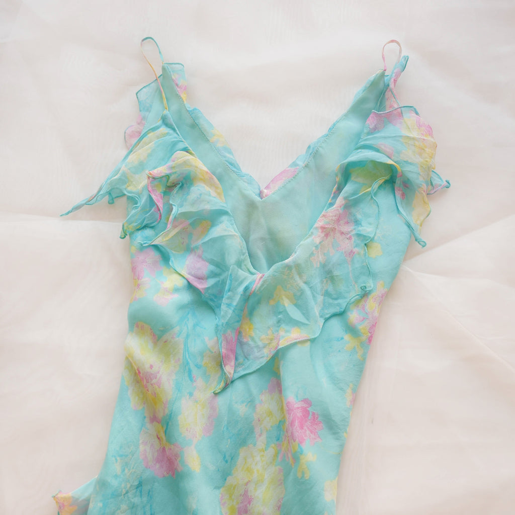 Vintage Floral Asymmetrical Silk Dress