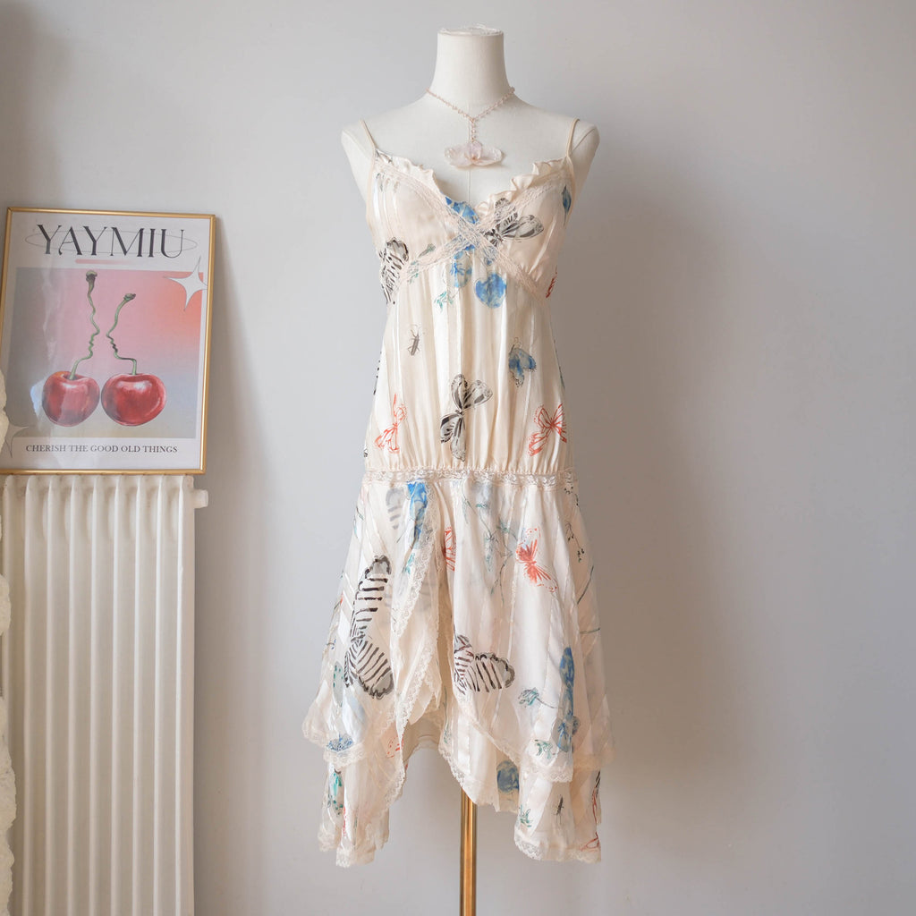 Vintage Y2K Cream Silk Butterfly Asymmetrical Midi Dress