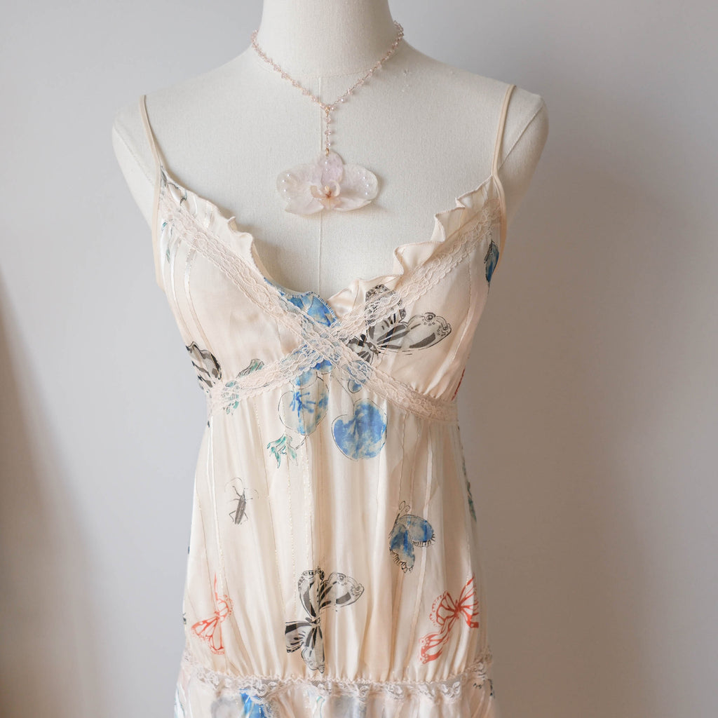 Vintage Y2K Cream Silk Butterfly Asymmetrical Midi Dress