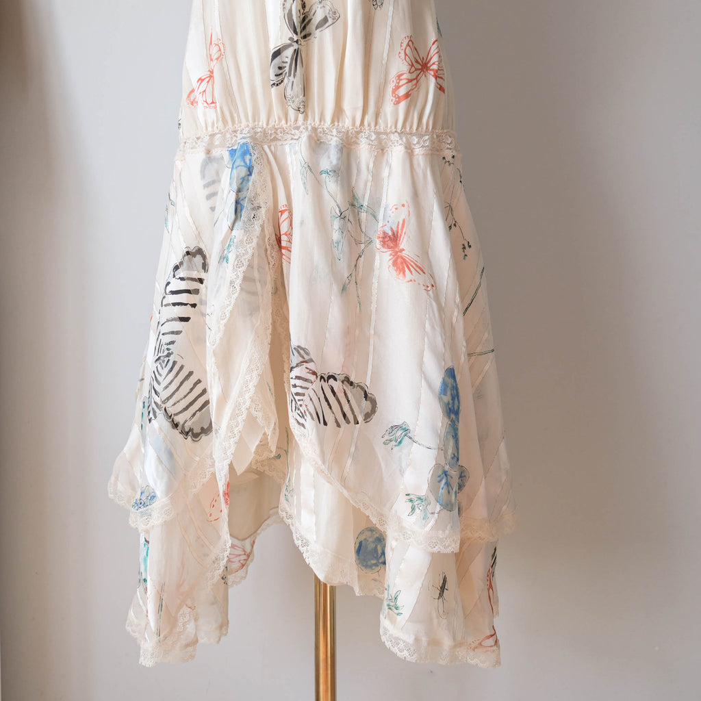 Vintage Y2K Cream Silk Butterfly Asymmetrical Midi Dress