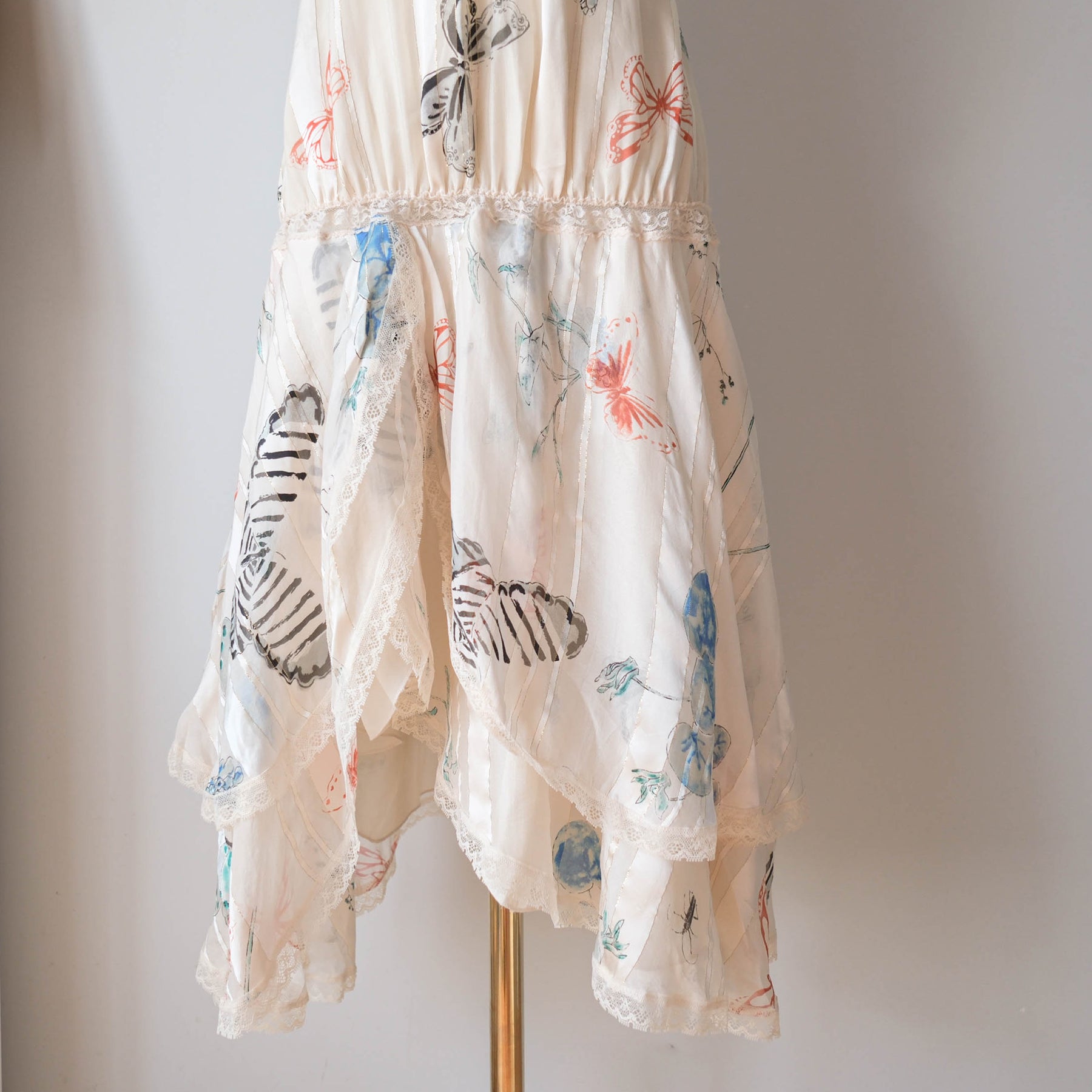Vintage Y2K Cream Silk Butterfly Asymmetrical Midi Dress
