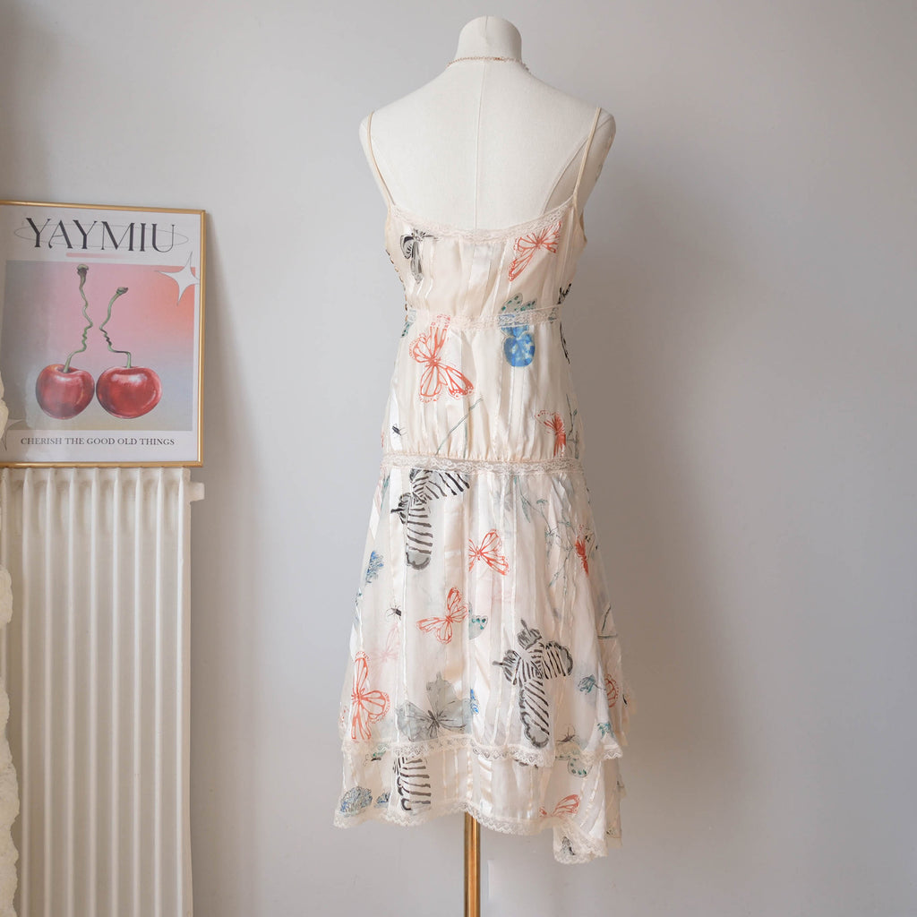 Vintage Y2K Cream Silk Butterfly Asymmetrical Midi Dress
