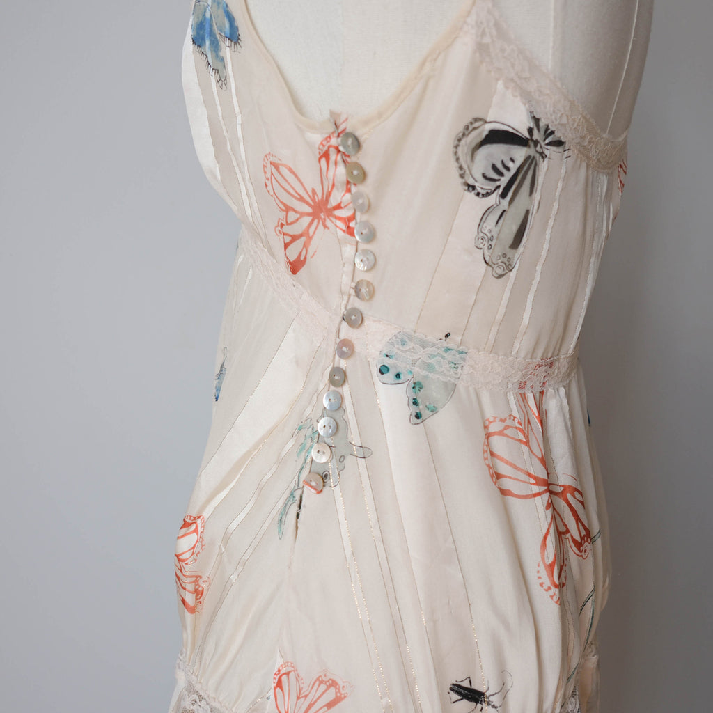 Vintage Y2K Cream Silk Butterfly Asymmetrical Midi Dress