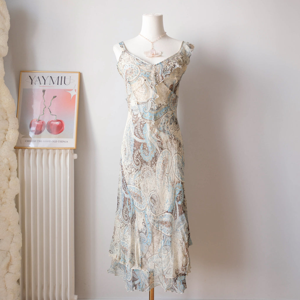 Vintage Silk Blue Paisley Ruffle Midi Dress