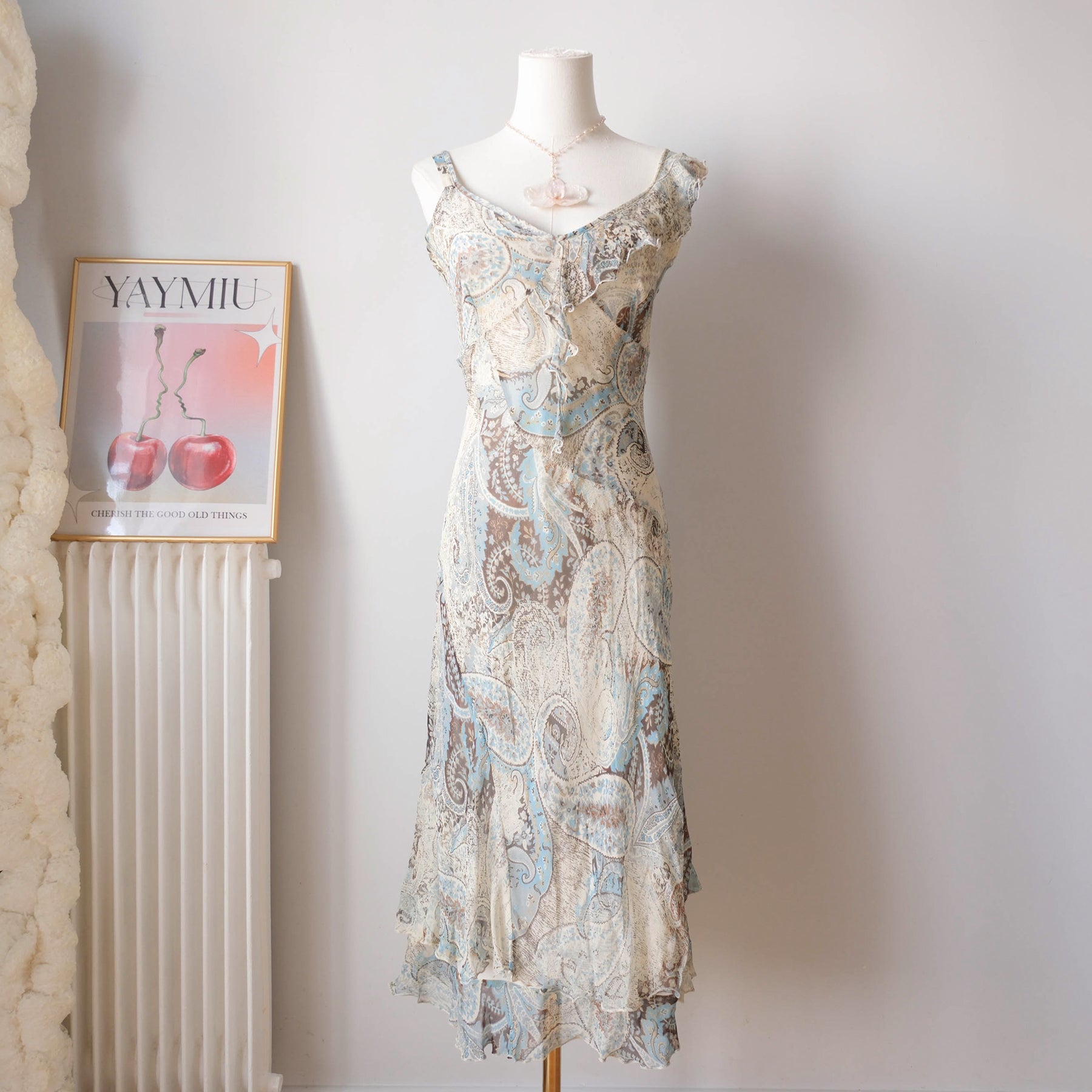 Vintage Silk Blue Paisley Ruffle Midi Dress