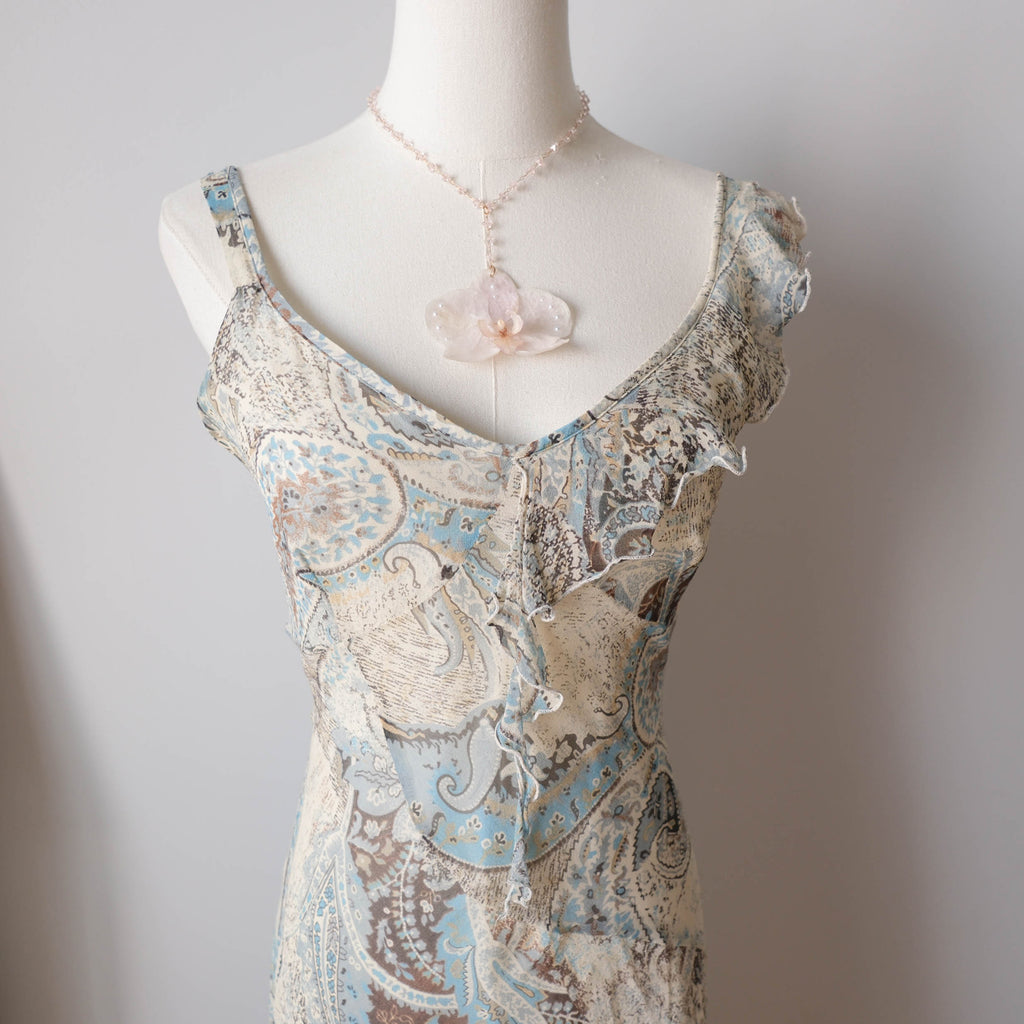 Vintage Silk Blue Paisley Ruffle Midi Dress