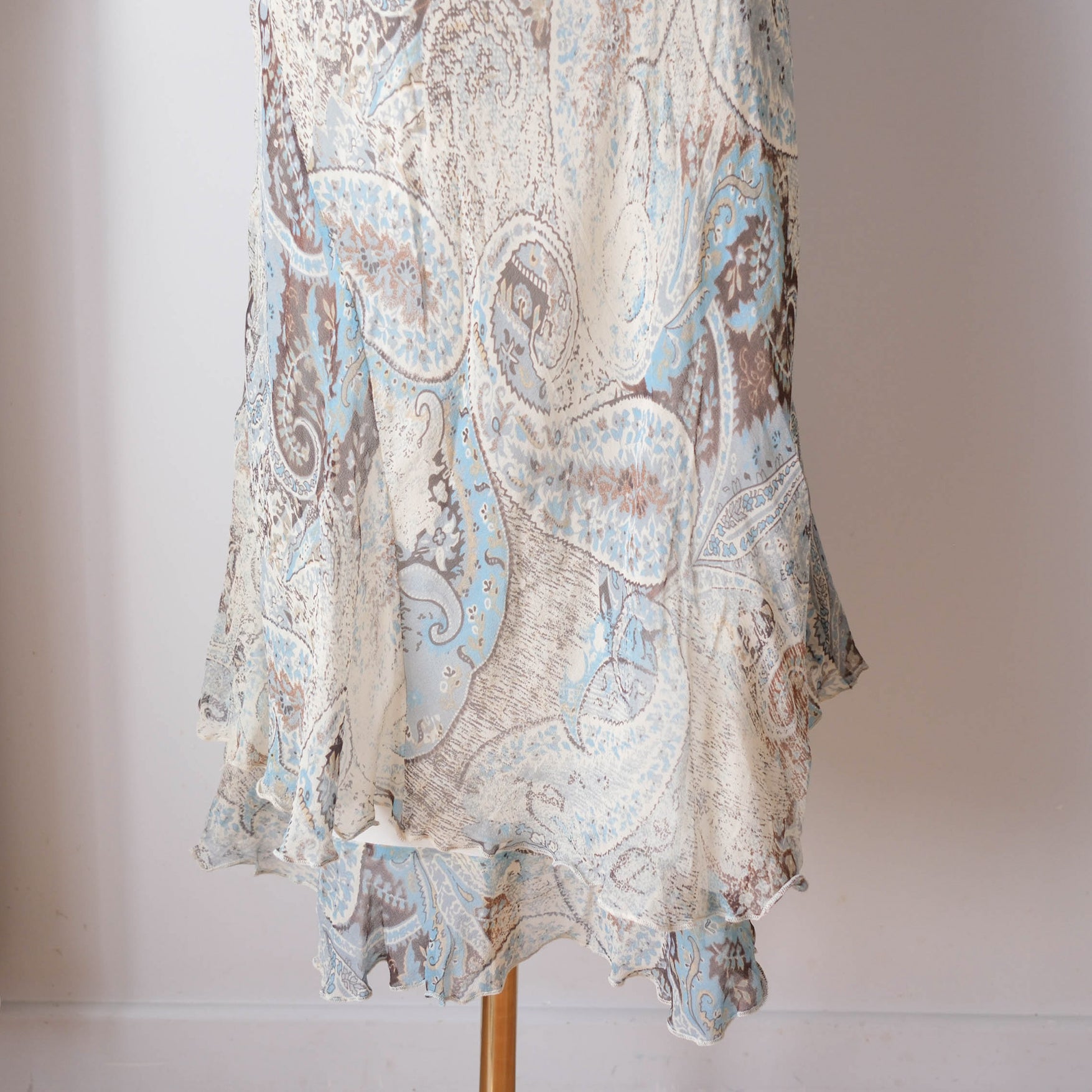 Vintage Silk Blue Paisley Ruffle Midi Dress