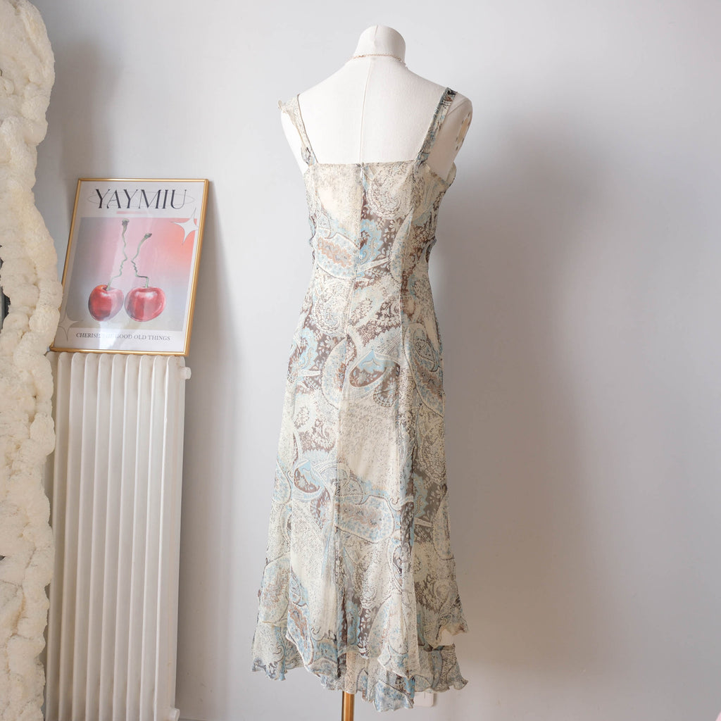 Vintage Silk Blue Paisley Ruffle Midi Dress