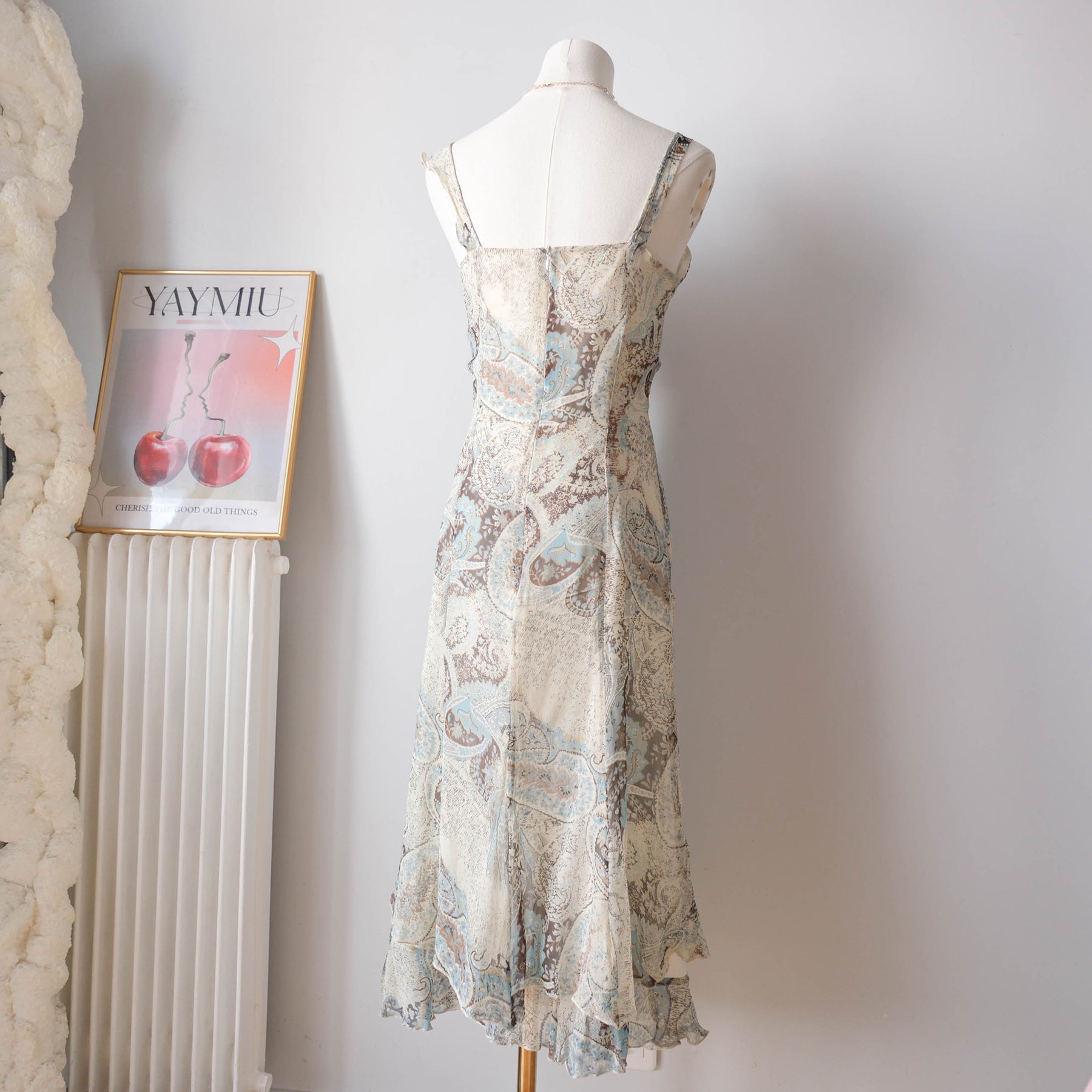 Vintage Silk Blue Paisley Ruffle Midi Dress