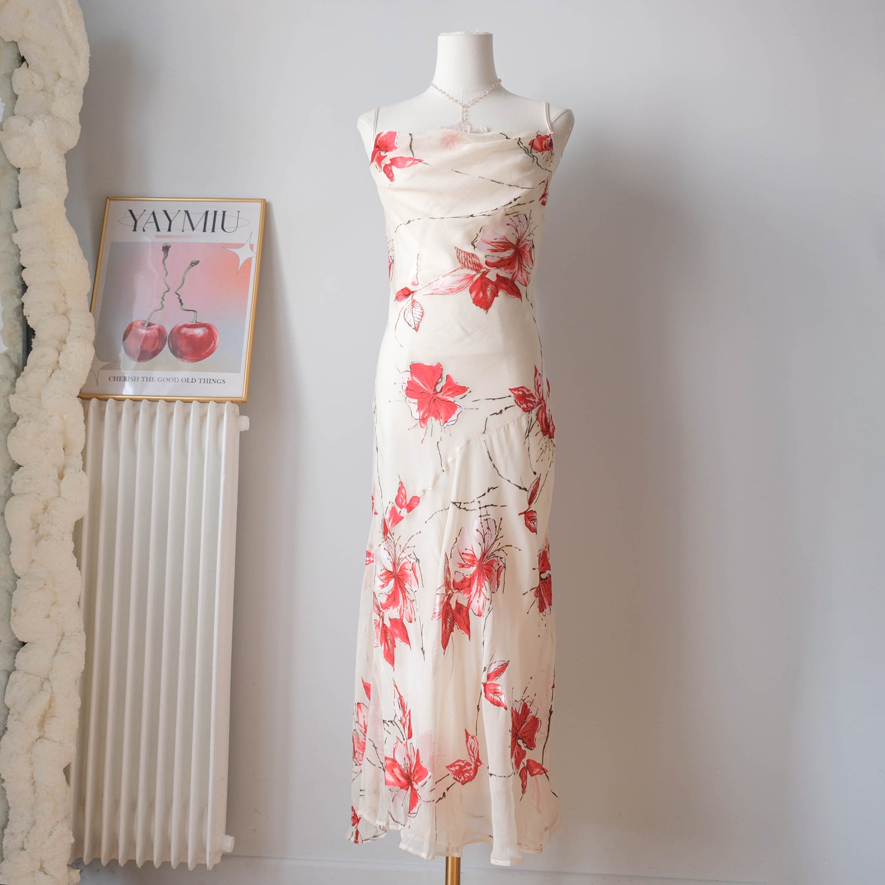 Vintage Silk Blend Cowl Neck Floral Maxi Dress