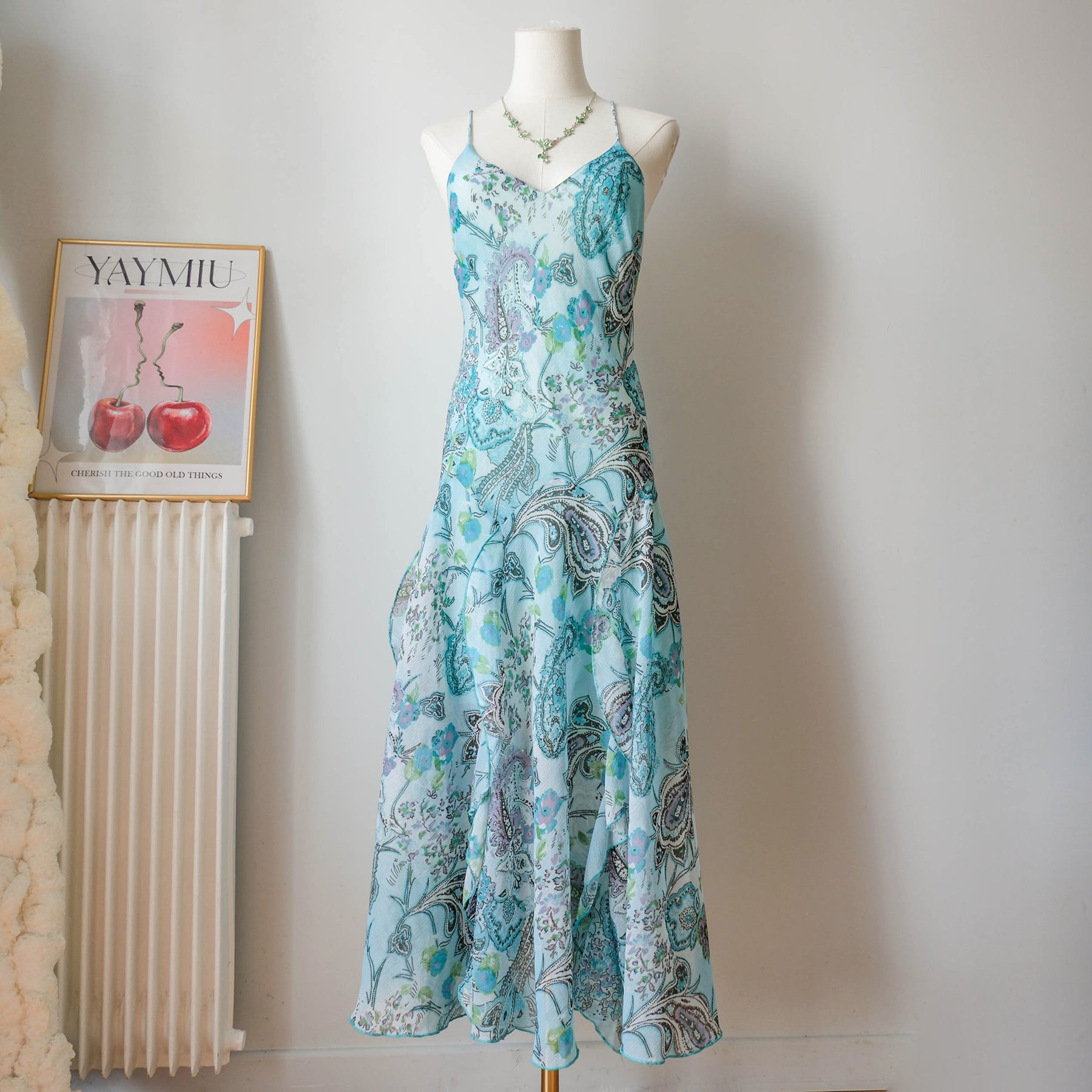 Vintage Y2K Turquoise Paisley Ruffle Maxi Dress