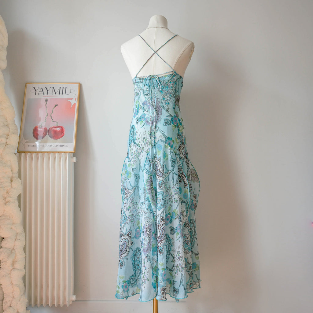 Vintage Y2K Turquoise Paisley Ruffle Maxi Dress