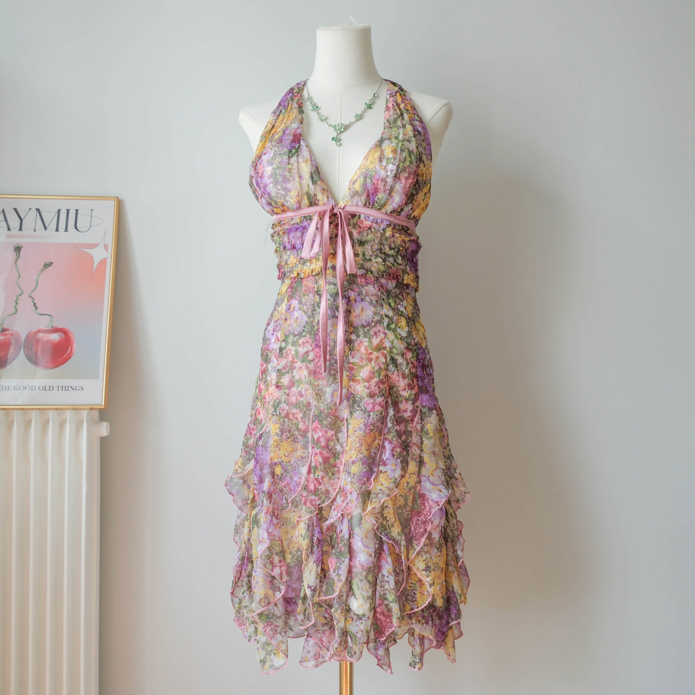 Vintage Romantic Cottage Halter Ruffled Floral Dress