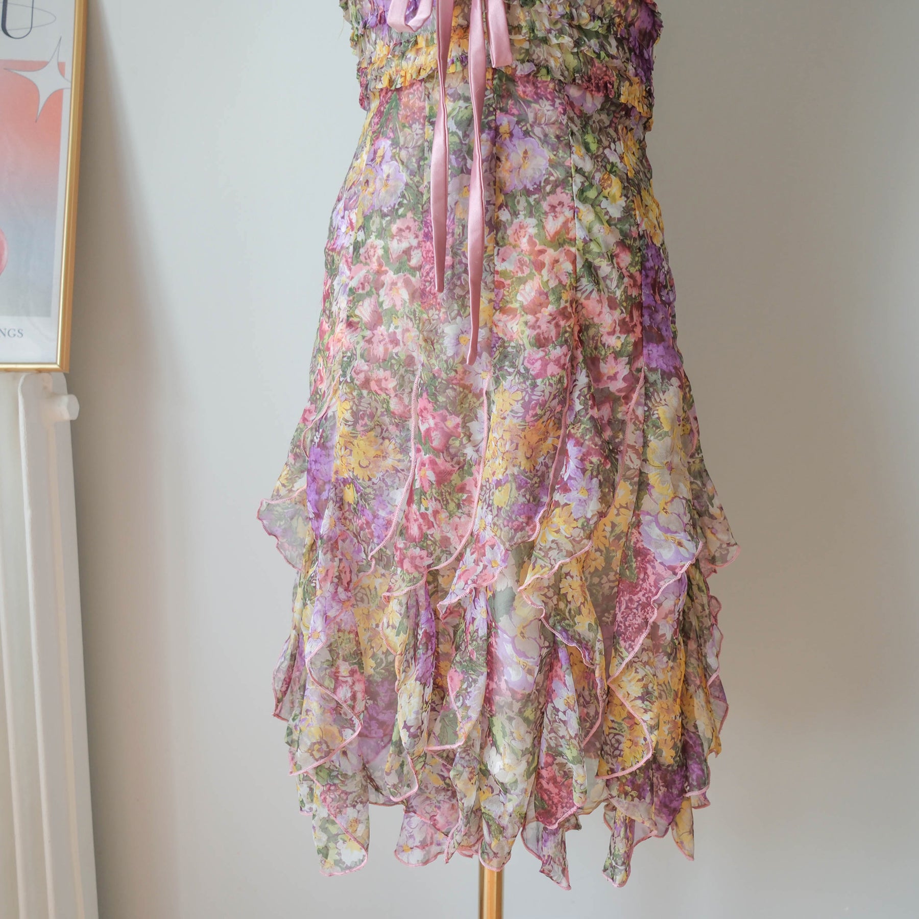 Vintage Romantic Cottage Halter Ruffled Floral Dress