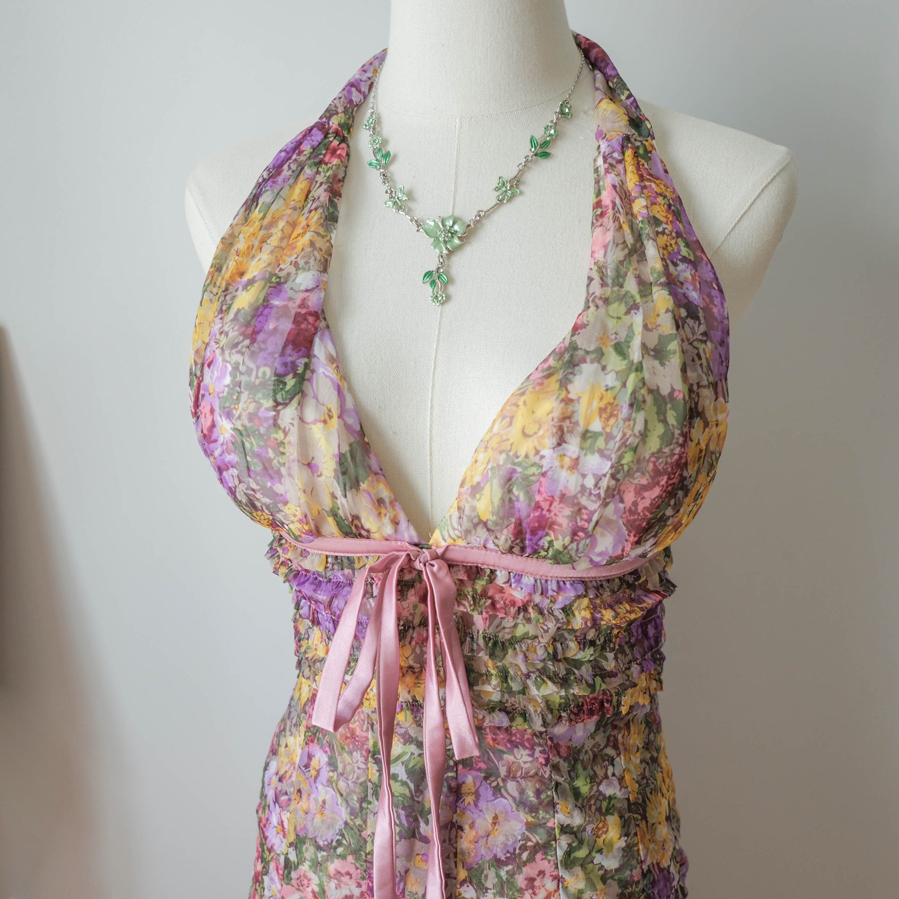 Vintage Romantic Cottage Halter Ruffled Floral Dress