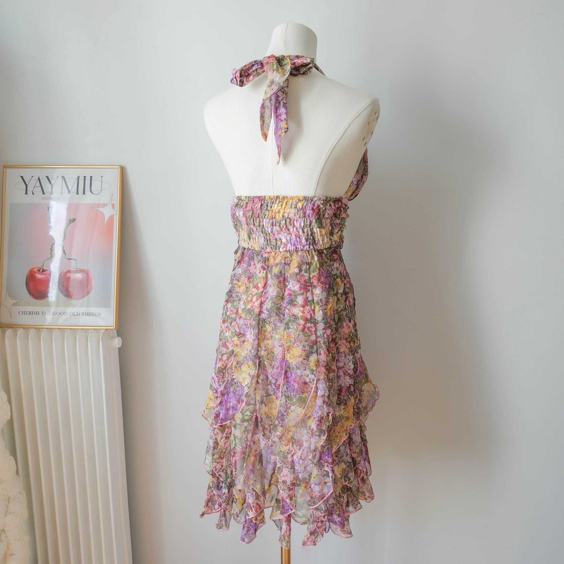 Vintage Romantic Cottage Halter Ruffled Floral Dress