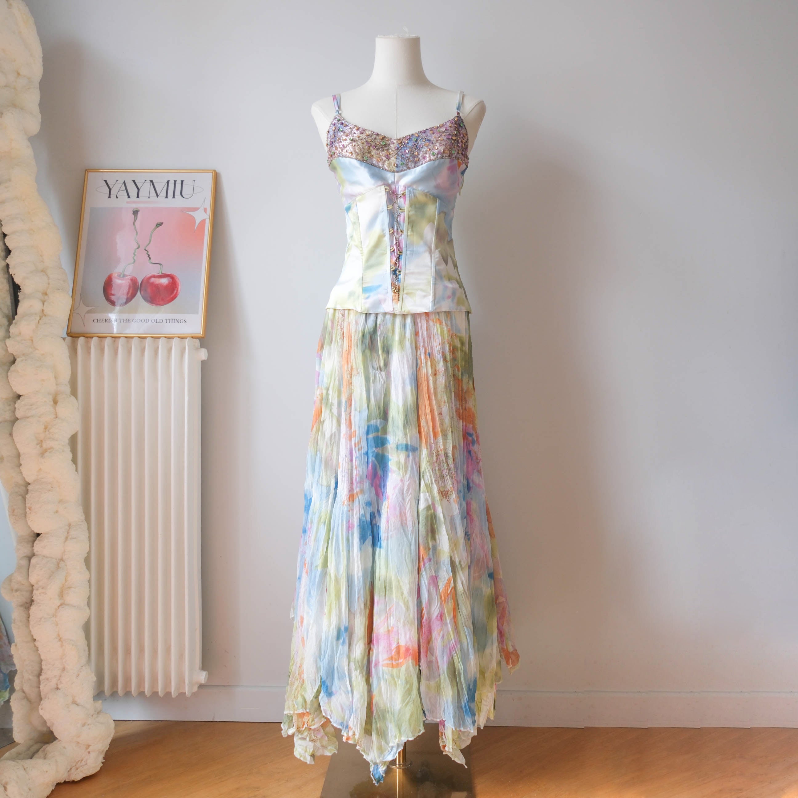 Vintage Watercolor Pastel Corset & Maxi Skirt Set