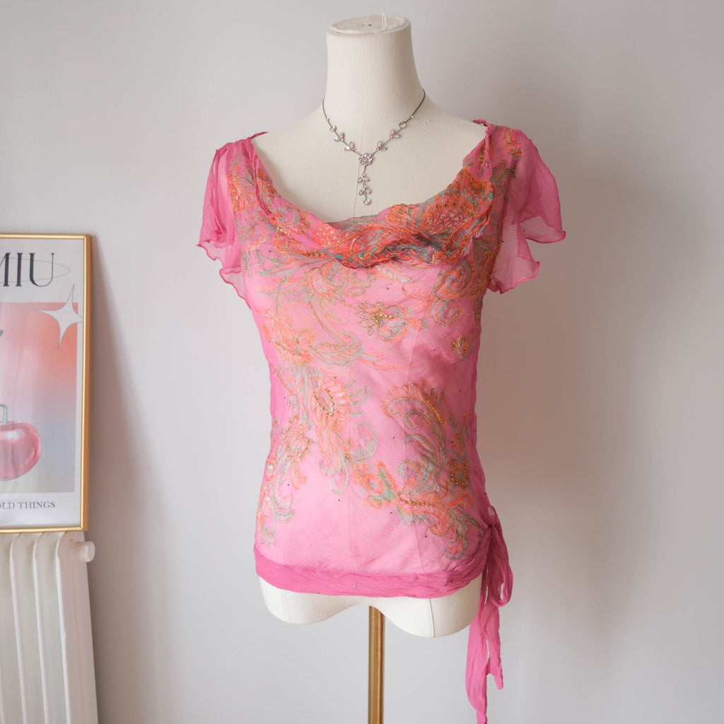 DERHY Vintage Romantic Beaded Sheer Top
