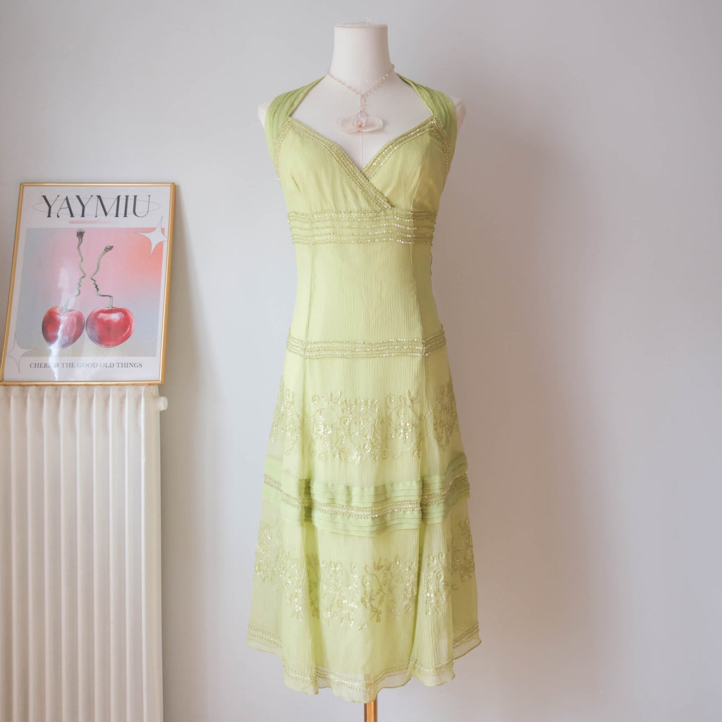 Vintage Y2K Lime Green Beaded Silk Midi Dress