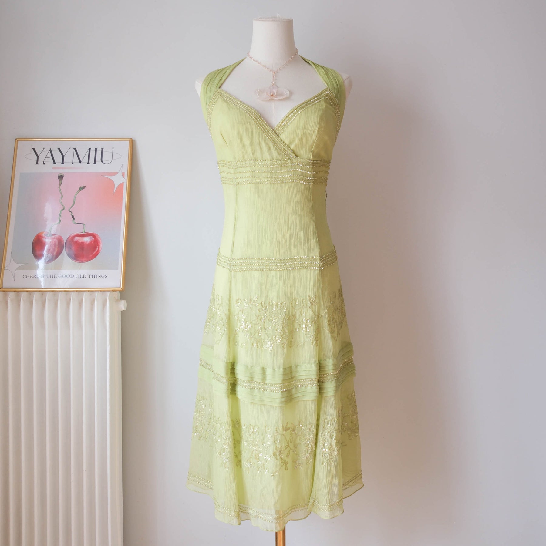 Vintage Y2K Lime Green Beaded Silk Midi Dress