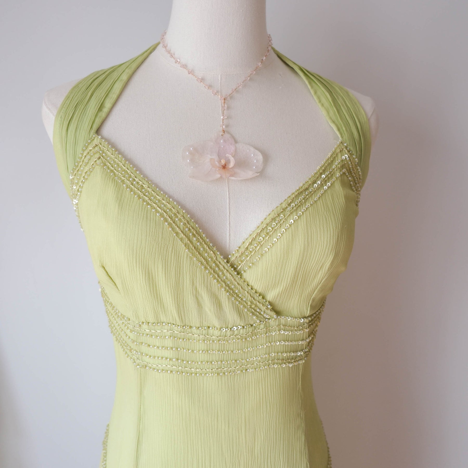 Vintage Y2K Lime Green Beaded Silk Midi Dress