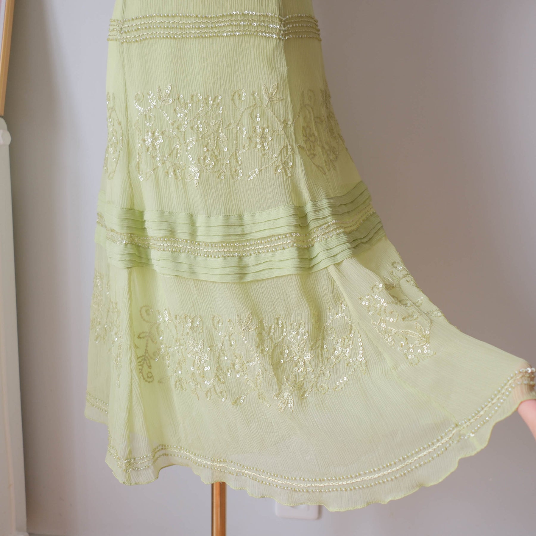Vintage Y2K Lime Green Beaded Silk Midi Dress
