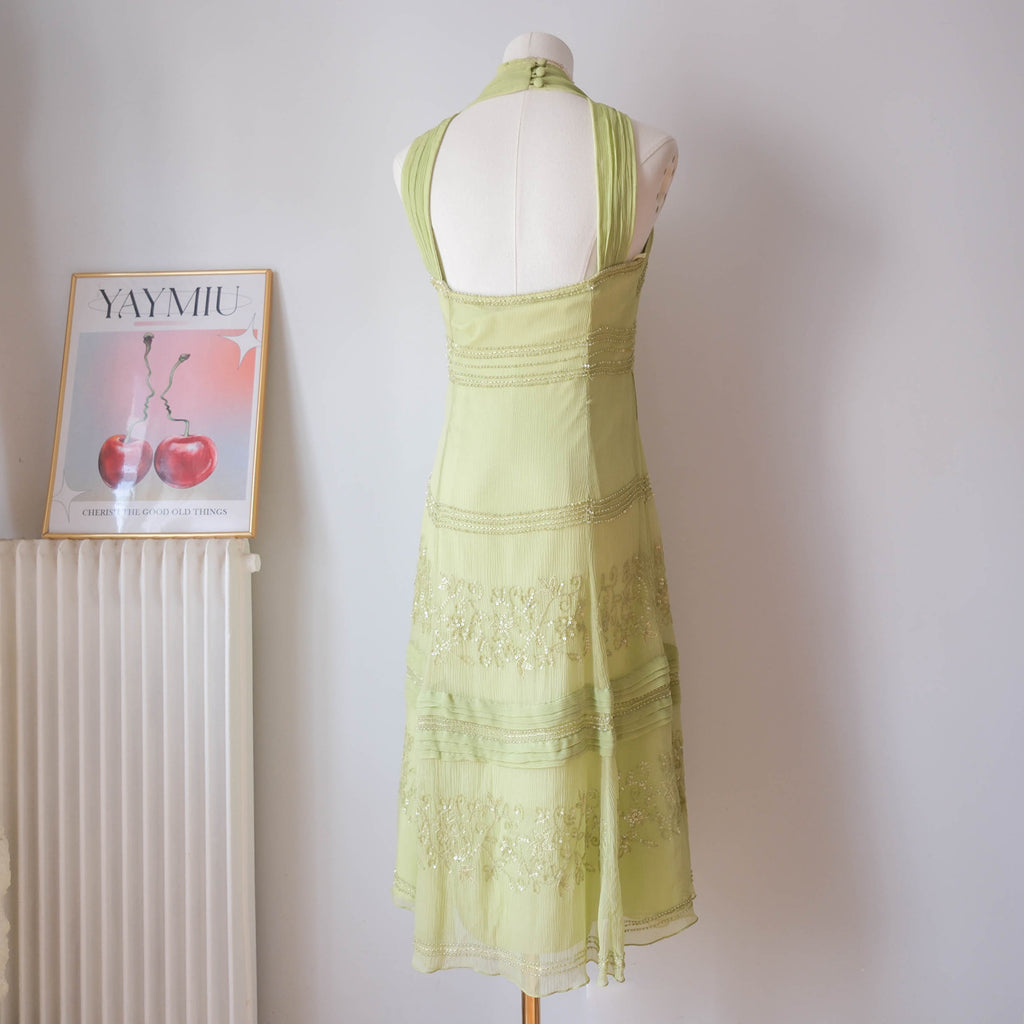 Vintage Y2K Lime Green Beaded Silk Midi Dress