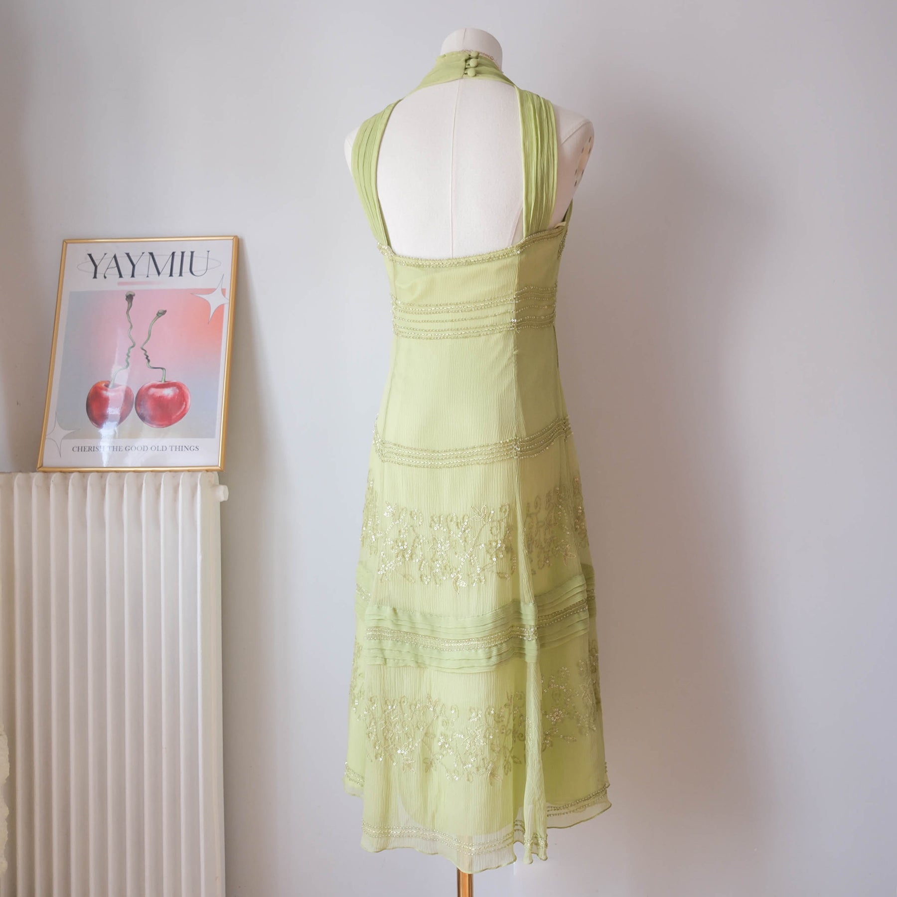 Vintage Y2K Lime Green Beaded Silk Midi Dress