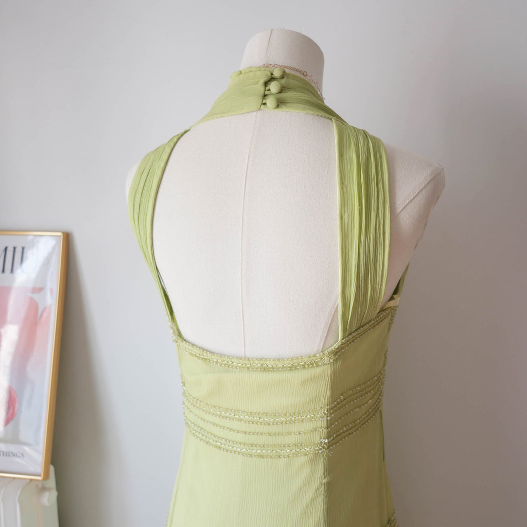 Vintage Y2K Lime Green Beaded Silk Midi Dress
