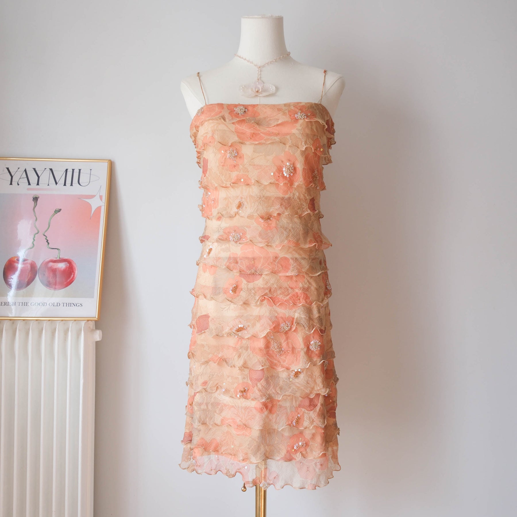 Vintage Y2K Peach Floral Ruffle Tiered Midi Dress