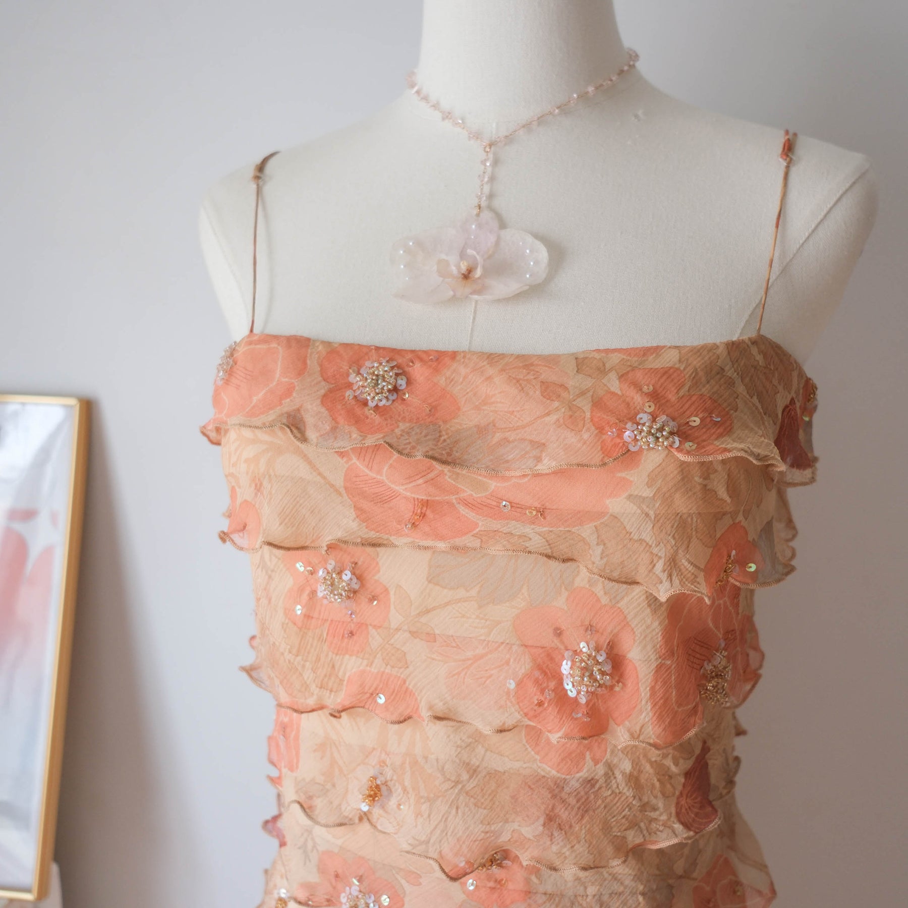 Vintage Y2K Peach Floral Ruffle Tiered Midi Dress