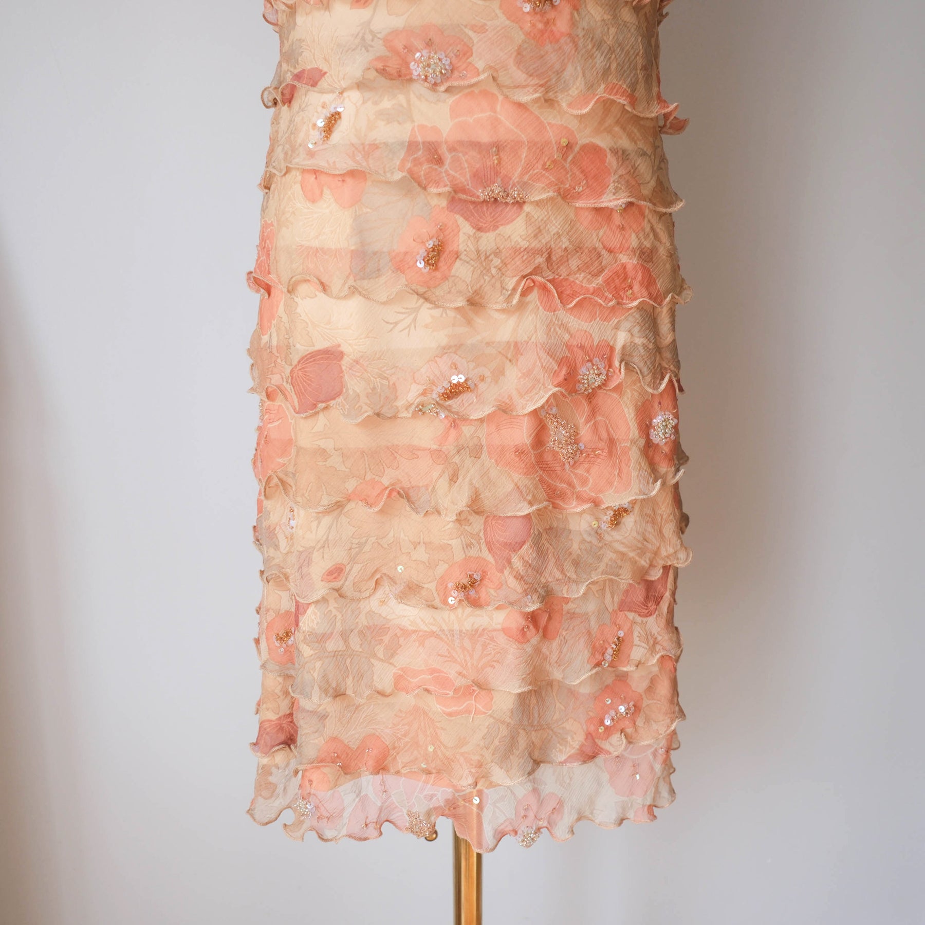 Vintage Y2K Peach Floral Ruffle Tiered Midi Dress