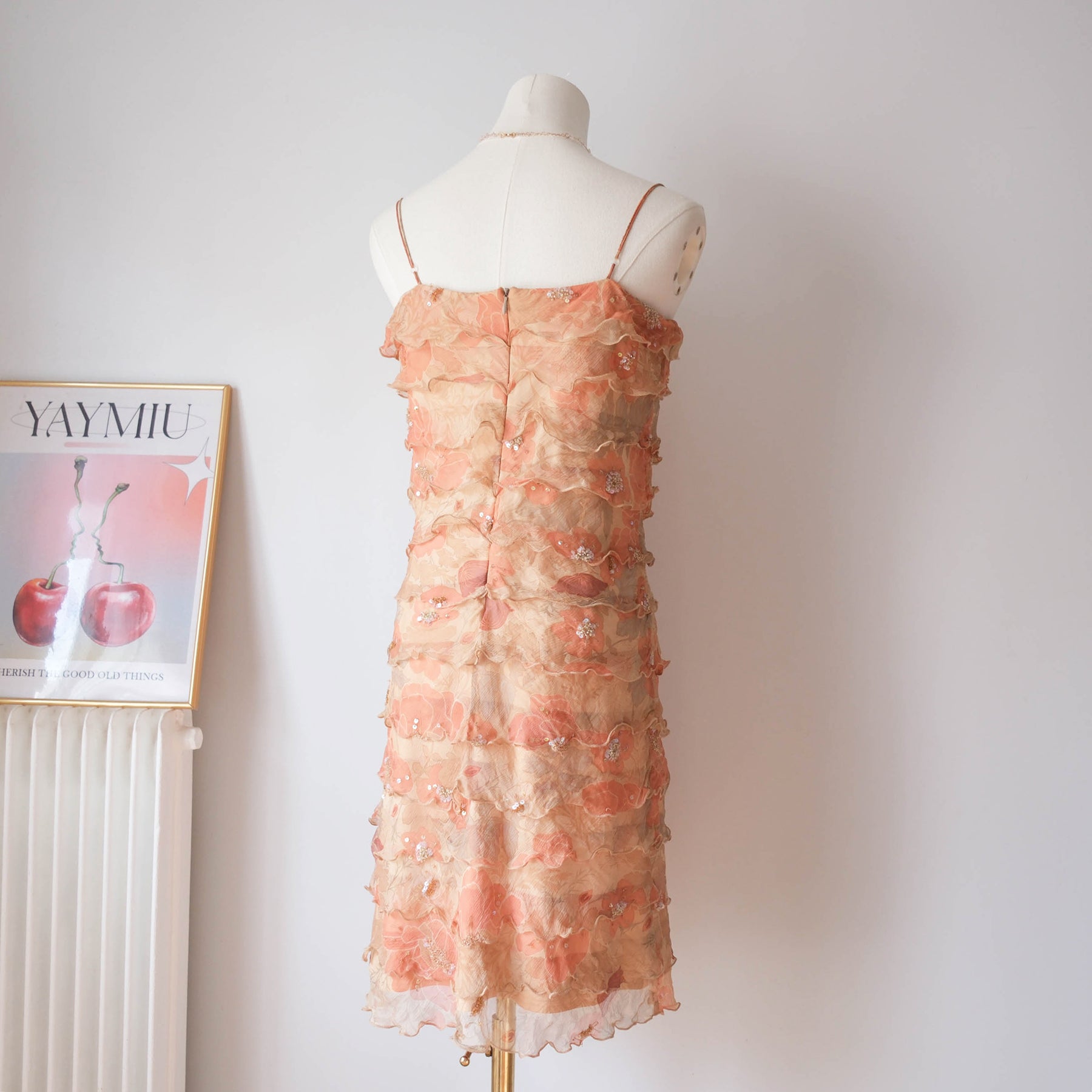 Vintage Y2K Peach Floral Ruffle Tiered Midi Dress