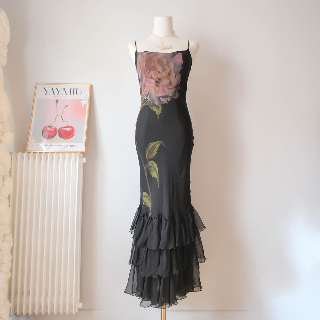Vintage Glam Silk Backless Ruffled Dress