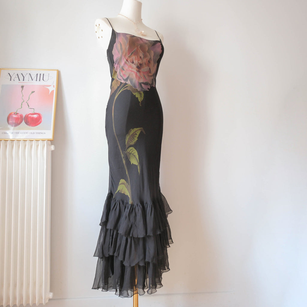 Vintage Glam Silk Backless Ruffled Dress