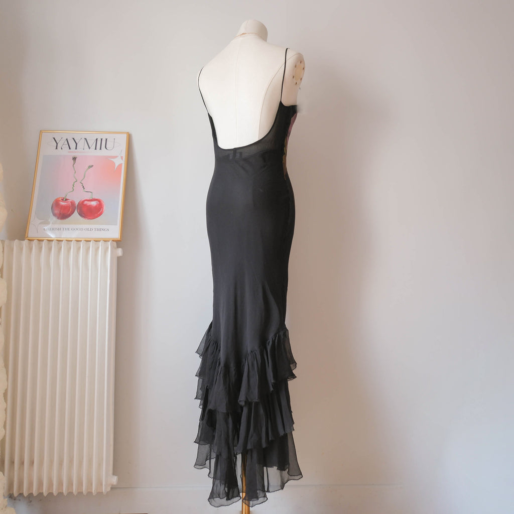 Vintage Glam Silk Backless Ruffled Dress