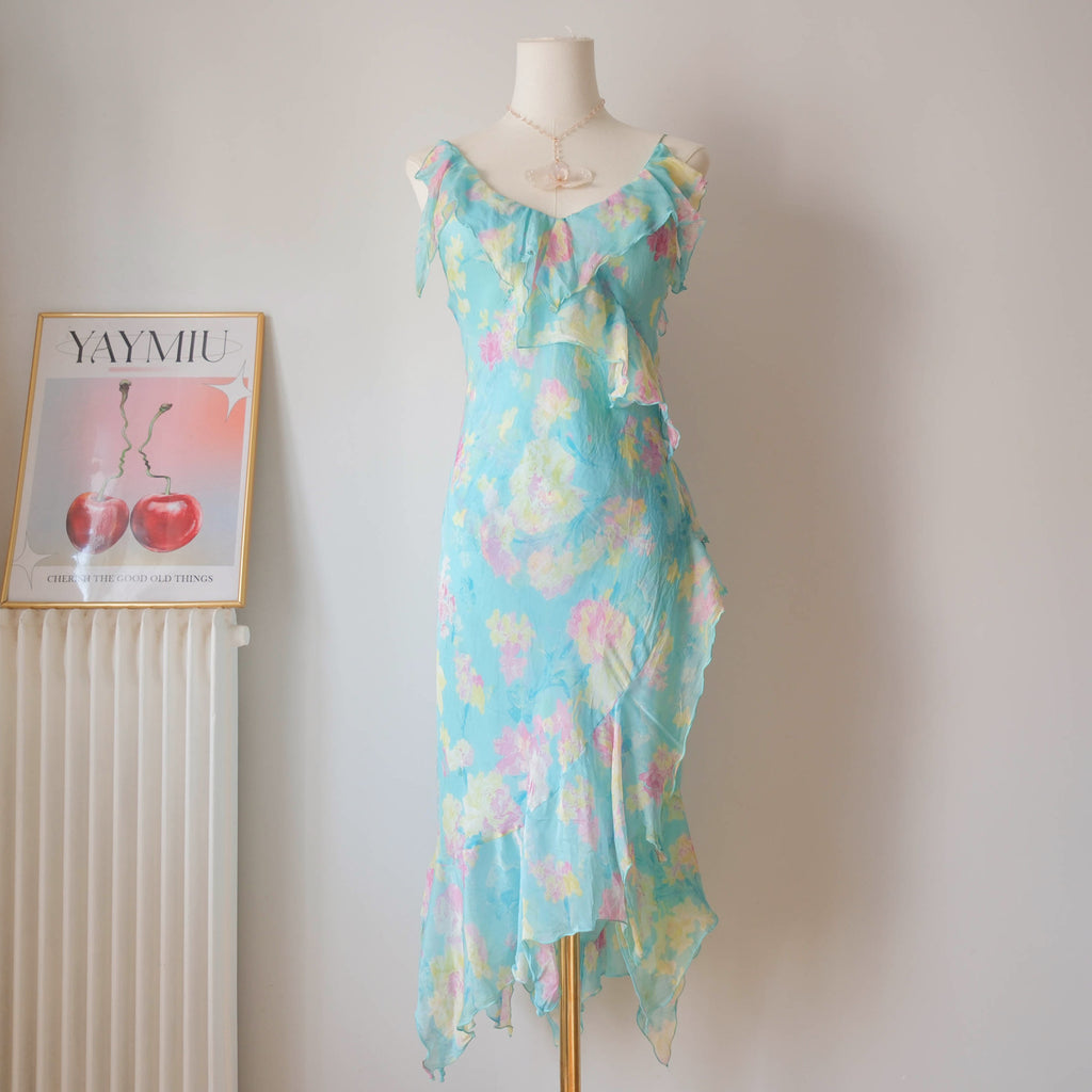 Vintage Floral Asymmetrical Silk Dress