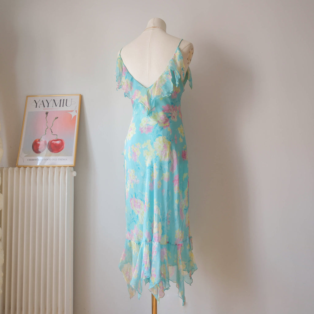 Vintage Floral Asymmetrical Silk Dress