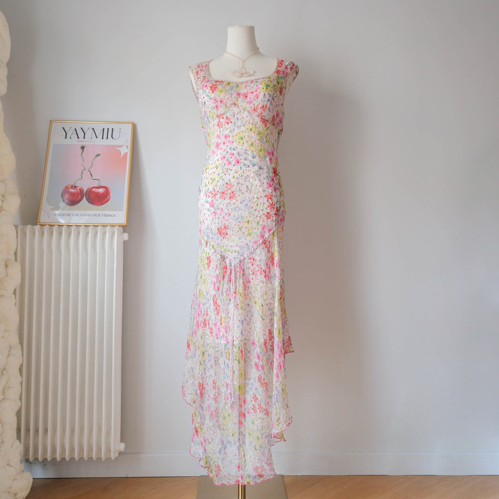 DERHY Vintage  Floral Sequins Sheer Maxi Dress with Sequin Slip