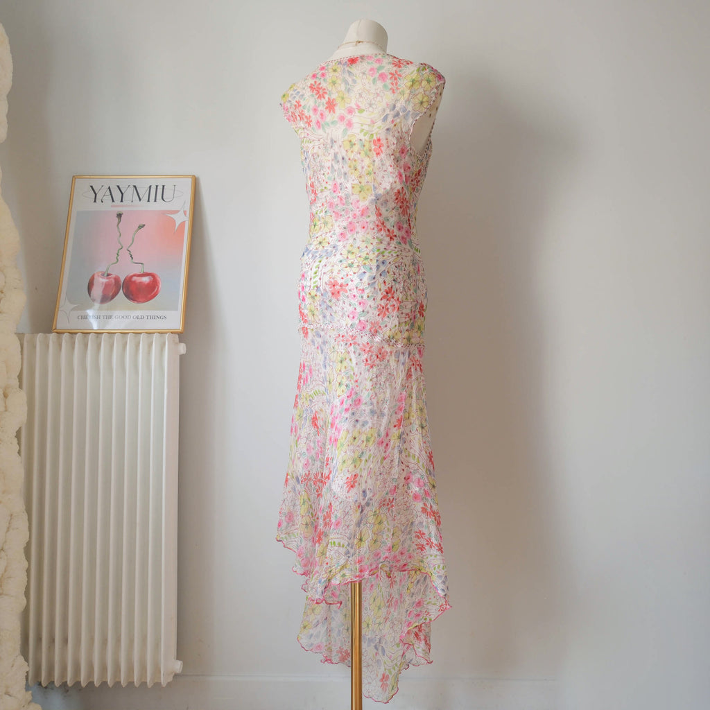 DERHY Vintage  Floral Sequins Sheer Maxi Dress with Sequin Slip